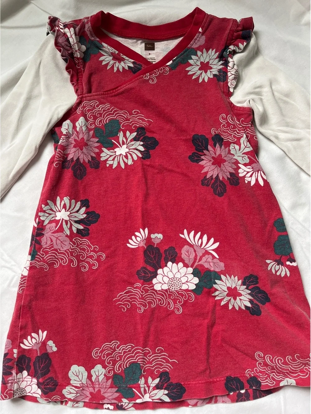 Tea Collection Girls Floral Print Dress with White Sleeves, Size 3